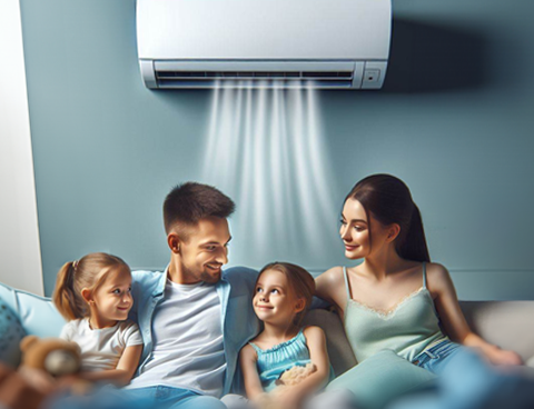 Sala de estar climatizada com ar condicionado split instalado na parede